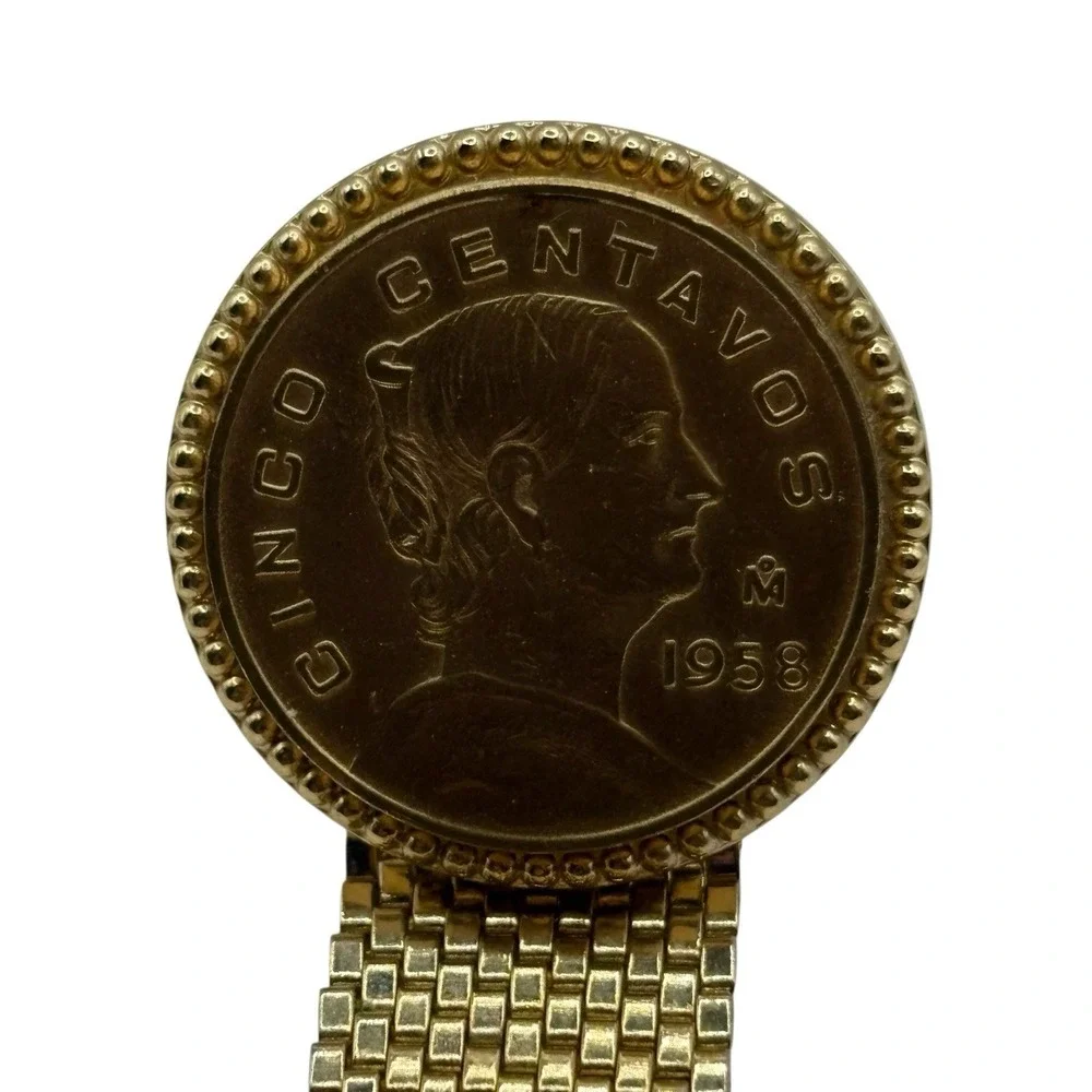 Mexican Coin‎ Cufflinks Mesh Wrap Around Gold Tone Vintage 50s 60s Cinco De Mayo